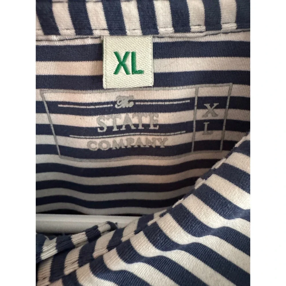 The State Company Mens XL Polo‎ Shirt Navy White Striped USA Flag Map Golf Top